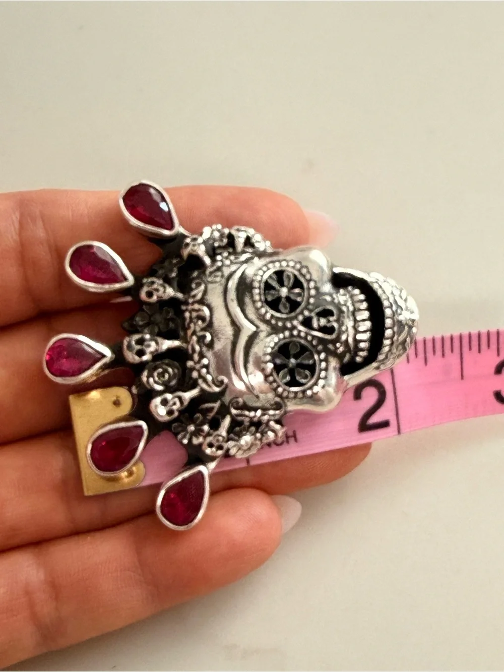 Silver Statement Skull Ring with Ruby Teardrop Accents